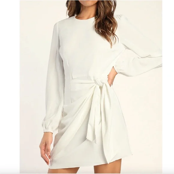 White Long Sleeve Tie-Front Skater Dress | Womens | Small (Available in XXS, XS) | 100% Polyester | Lulus White Long Sleeve Tie-Front Skater Dress | Womens | Small (Available in XXS, XS) | 100% Polyester | Lulus